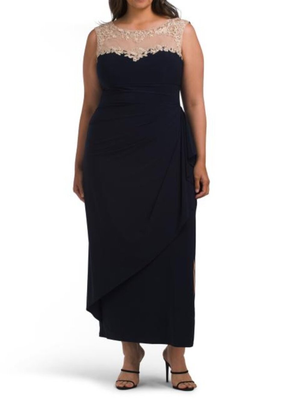 ALEX EVENINGS Petite Crepe Side Ruched Illusion Neck Dress